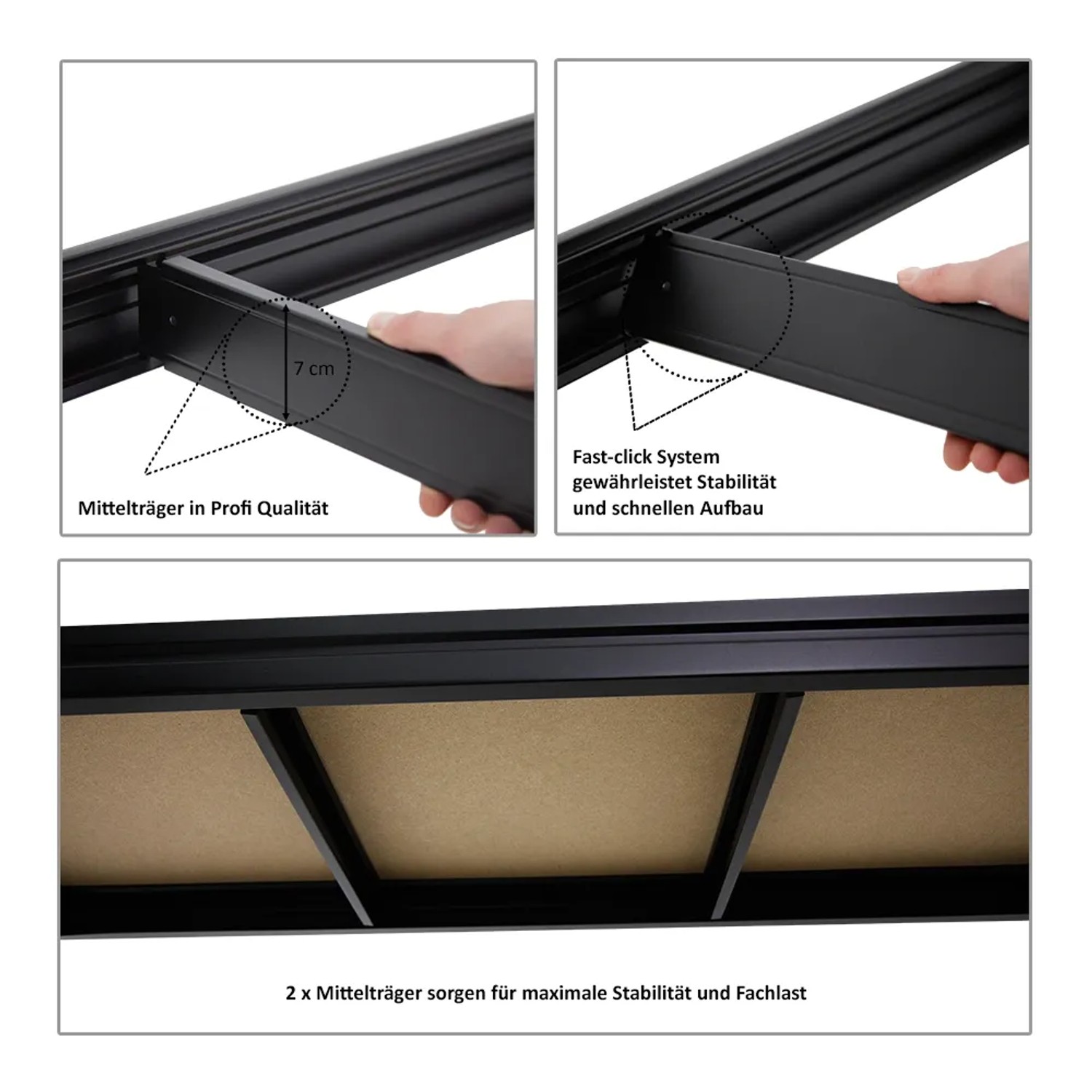 Detailaufnahme PROREGAL Werkbank Dino: Mittelträger für Stabilität und schnellen Aufbau.