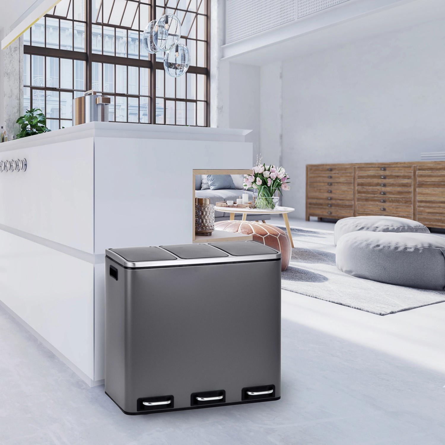 Svita TM3X18 Mülleimer, 54L, grau, mit 3 Fächern zur Mülltrennung und Tretpedal.