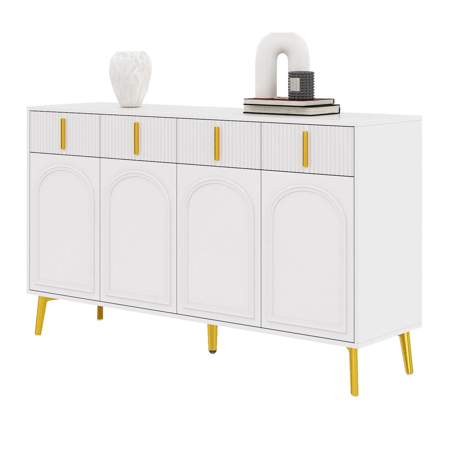 okwish Sideboard mit 4 Türen 4 Schubladen Goldgriffen Wohnzimmer Esszimmer 140x38x82cm Weiß