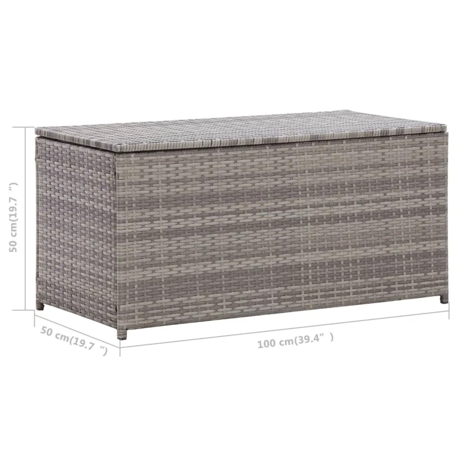 Graue VidaXL Gartenbox aus Poly Rattan, 100x50x50 cm, ideal zur Aufbewahrung im Garten.