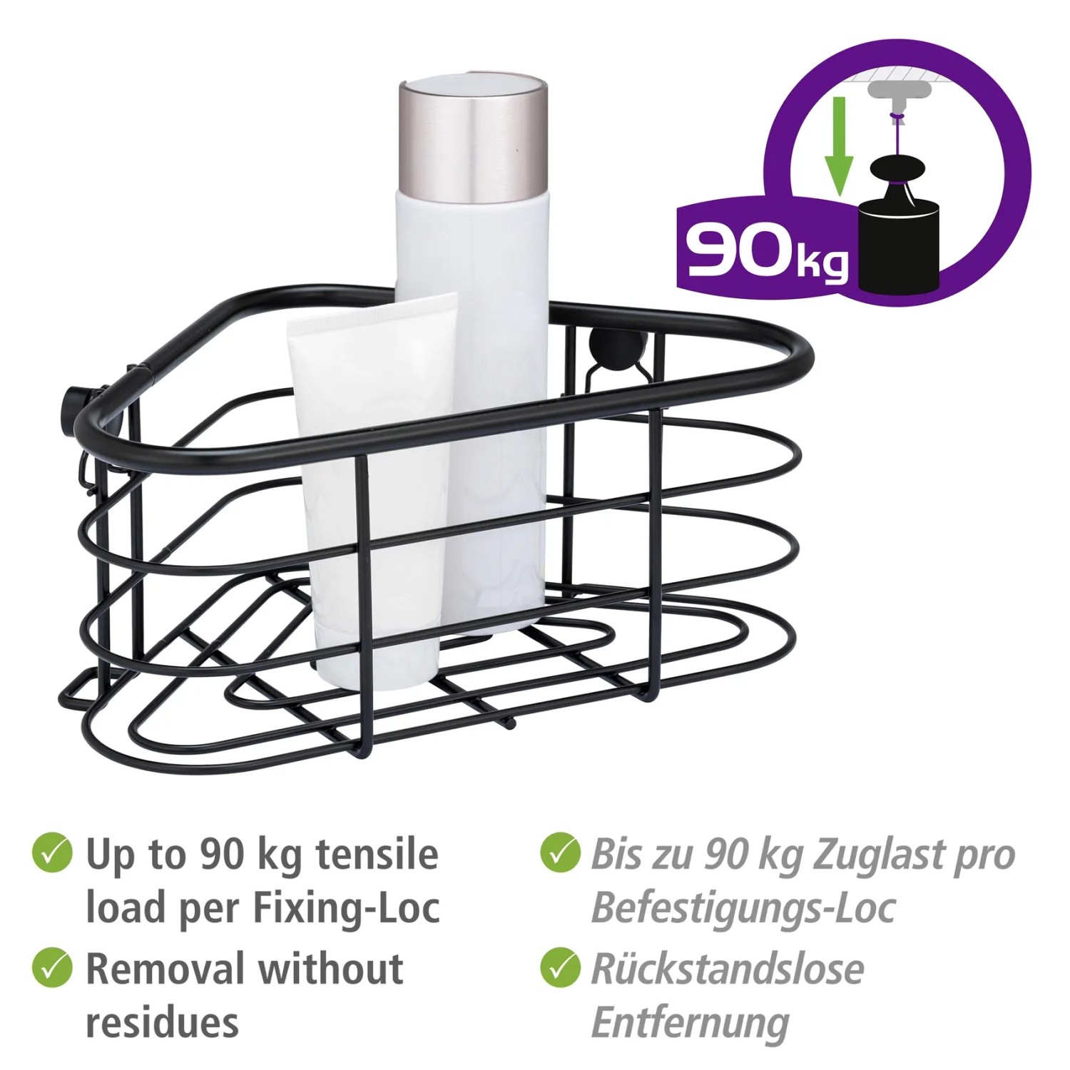 Schwarze Wenko Eckablage Trestina aus Edelstahl mit Badartikeln. Drahtkorb für die Dusche.