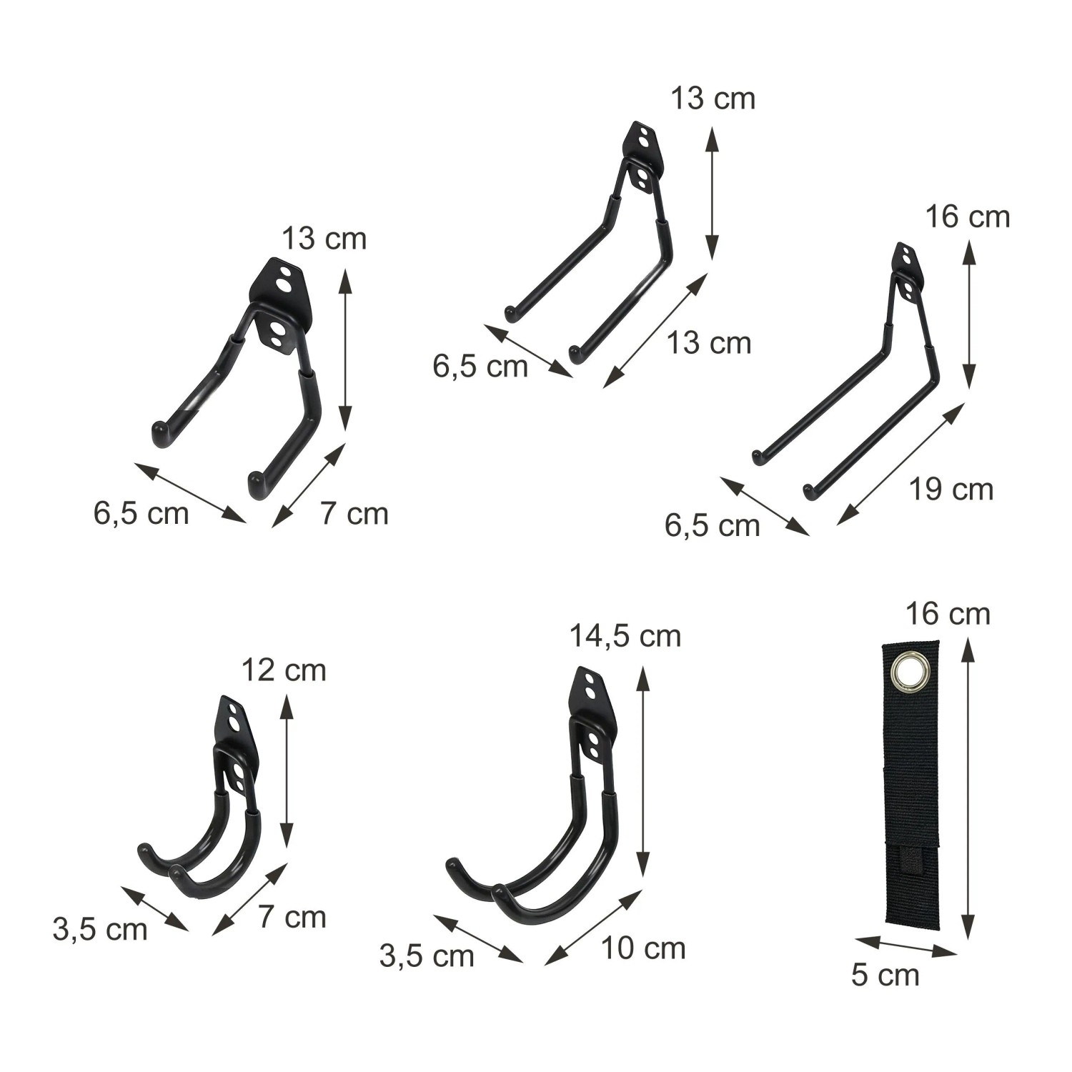 Schwarzes 12-teiliges Relaxdays Wandhaken Set aus Edelstahl/PVC, verschiedene U- & J-Haken und Organizer-Bänder mit Maßen.