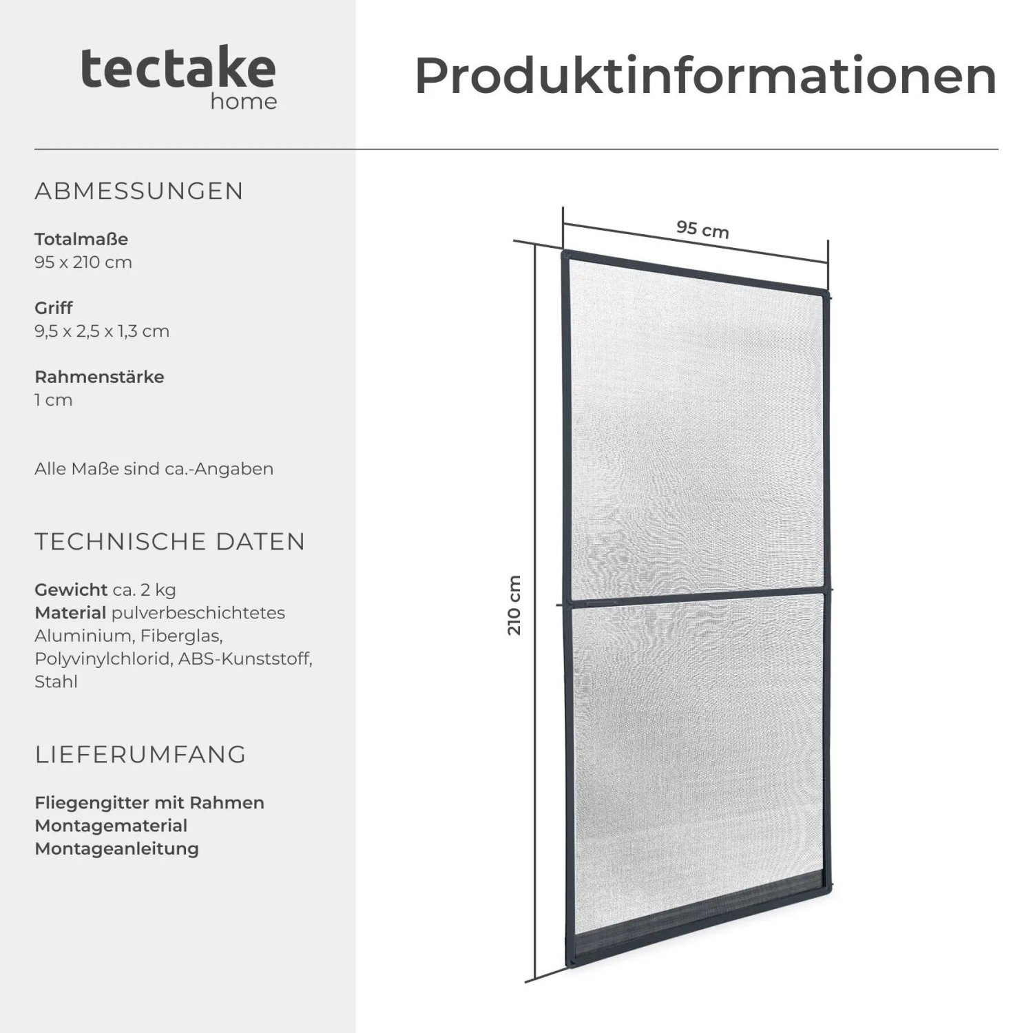 Anthrazit Fliegengitter für Türen, 95x210 cm, mit robustem Aluminiumrahmen und Fiberglasnetz. Wetter- und UV-beständig.