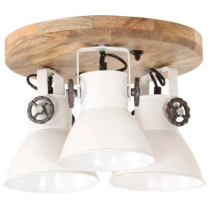Deckenlampe Industriestil: 3 weiße Eisen-Lampenschirme, runde Mangoholz-Basis mit verwittertem Finish. E27 Fassung.