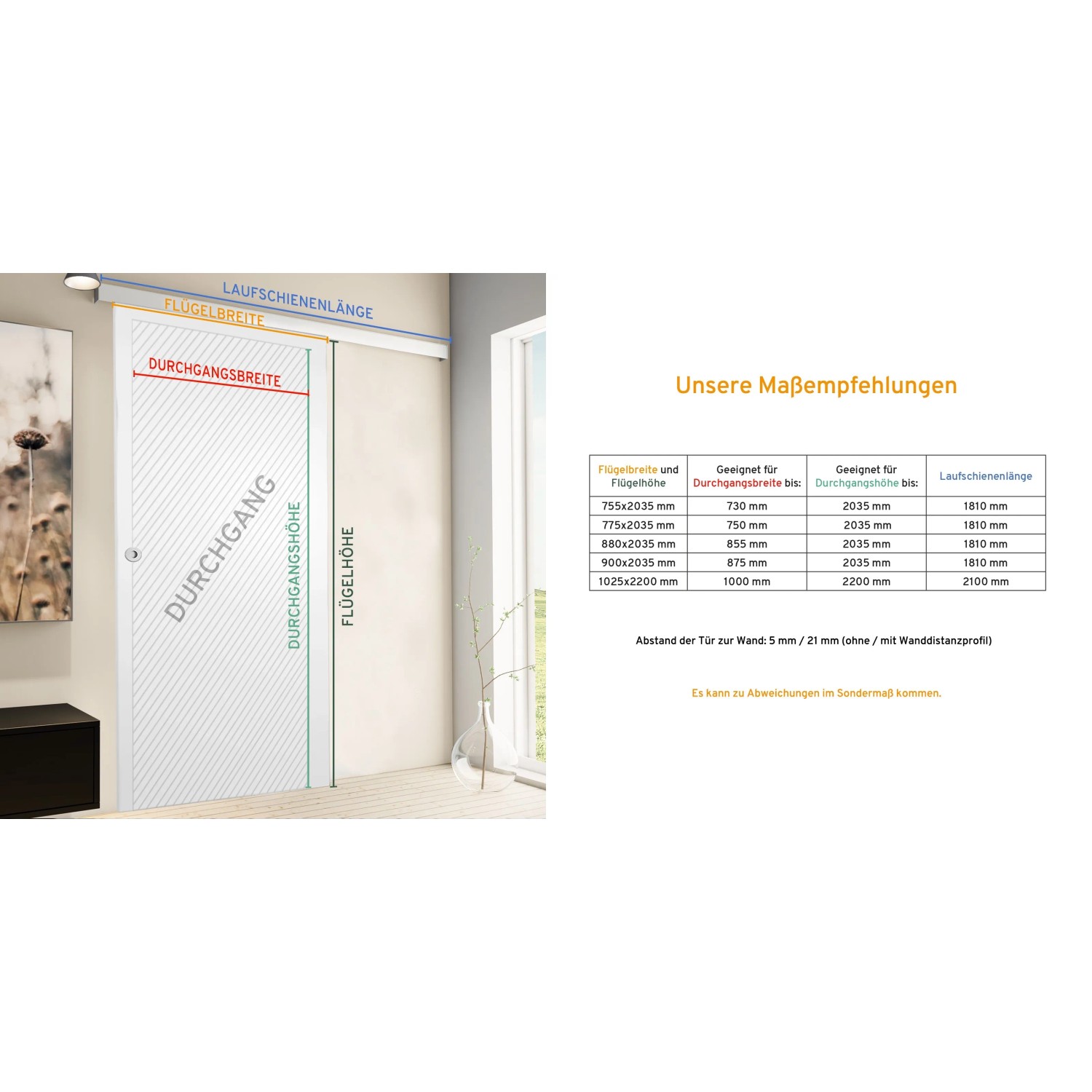 Weiße Holzschiebetür inova 880x2035 mm mit schwarzem Griffstab, Komplettset für einfache Montage.