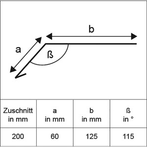 Technische Zeichnung Rinneneinhang Alu Natur, Zuschnitt 200x2000 mm, Maße a, b, β.