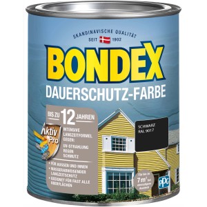 Dose Bondex Dauerschutz-Farbe, Schwarz, seidenglänzend, 750ml. Wetterschutz für Holz im Außenbereich.