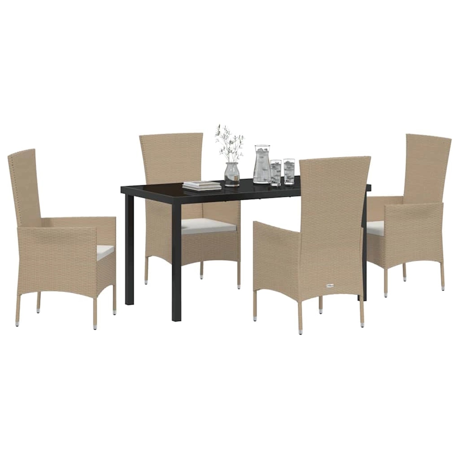 Beige 5-teilige Garten Essgruppe aus Poly Rattan mit Tisch und Stühlen inklusive Kissen.