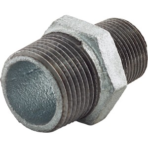 Temperguss Fitting mit Reduzierung, 33,3 mm auf 26,4 mm, verzinkt für Rohrverbindungen.