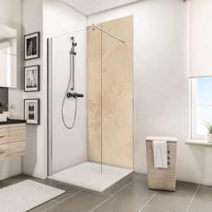 Begehbare Dusche mit Schulte Duschrückwand Dekor Kalkstein-Hell, 255x100 cm. Moderner Fliesenersatz im Badezimmer.