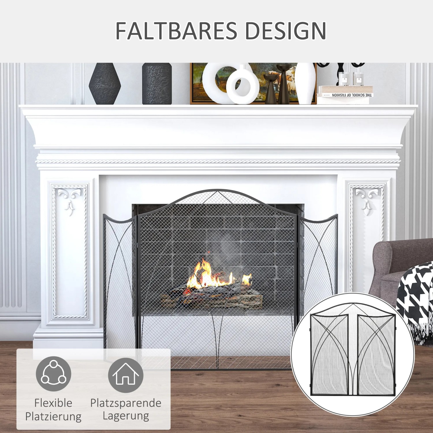 Schwarzes, faltbares Kaminschutzgitter aus Metall von HOMCOM vor Kaminfeuer.