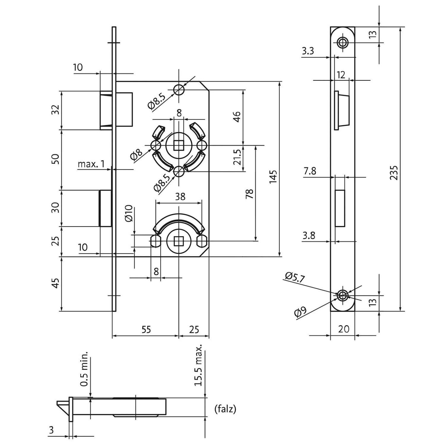Technische Zeichnung: SOTECH BKS Türschloss 0215 WC Schloss, Dornmaß 55mm, DIN Links, Maße und Details.