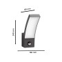 Anthrazitfarbene Philips Splay LED Aussenwandleuchte mit Bewegungsmelder und Massangaben.