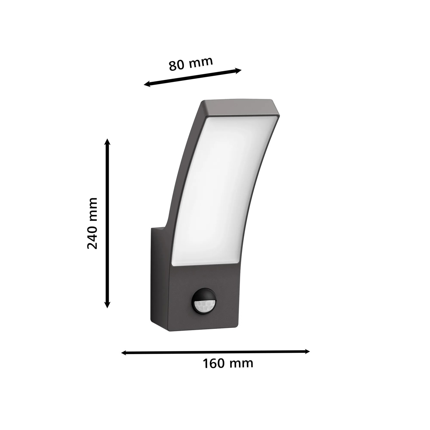 Anthrazitfarbene Philips Splay LED Aussenwandleuchte mit Bewegungsmelder und Massangaben.