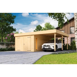 Lasita Maja Holzgarage Bahamas mit Holztor und Carport, Naturholzoptik.