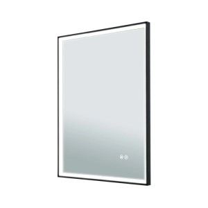 Rechteckiger Orion LED Spiegel 45x60cm mit schwarzem Rahmen, beleuchteten LEDs und Touch-Bedienung. Dimmbar, Anti-Fog, CCT.