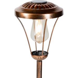 LED-Solarspieß Laterne im Vintage-Look. Kupferfarbenes Metall mit warmweißem Licht. Dekorative Wegeleuchte für den Garten.