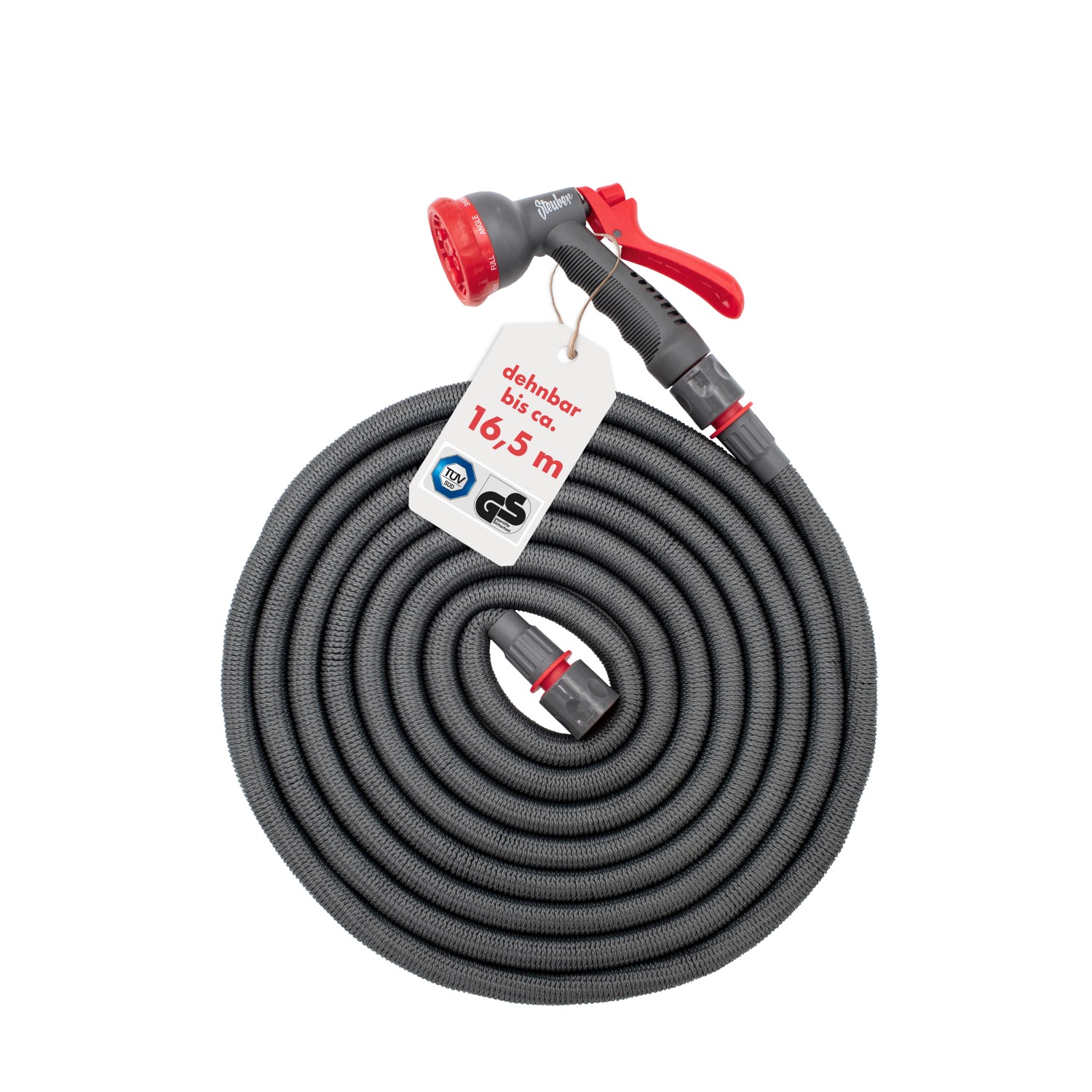 Thumbnail - Flexibler Gartenschlauch 16,5m Grau/Rot inkl. Brause und Anschluss Stück