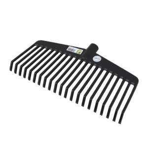 Schwarzer Galaflor Nylon Rechen mit 21 Zinken für Laub und Gartenabfälle.