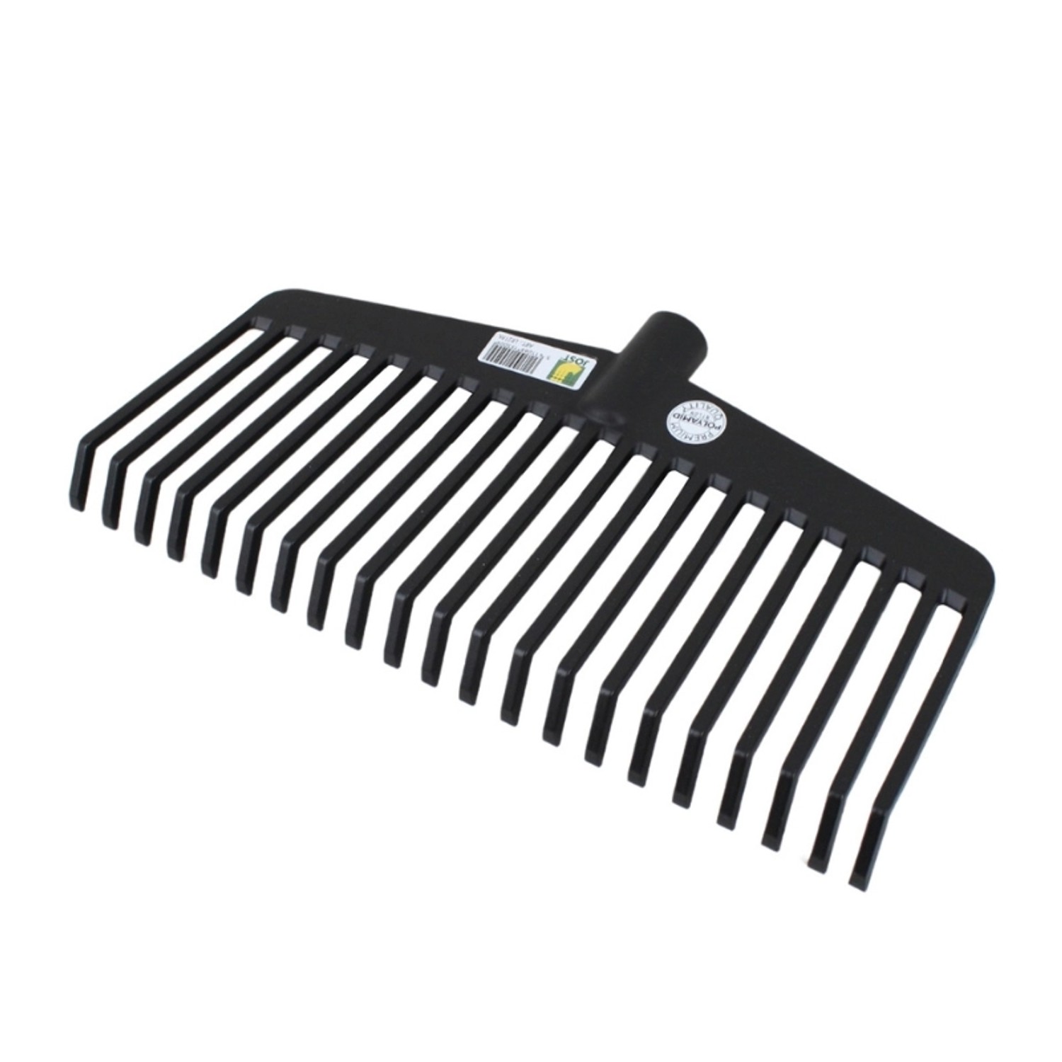 Schwarzer Galaflor Nylon Rechen mit 21 Zinken für Laub und Gartenabfälle.