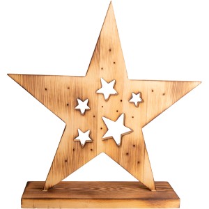 Näve LED-Holzstern, 49 cm, als Design-Tischlampe mit warmweißem Licht und Sternenmuster.
