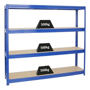 Blaues PROREGAL Schwerlastregal Dino mit vier MDF-Holzböden und hoher Traglast.