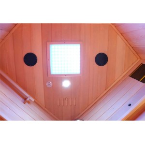 Innenansicht Dewello Infrarotkabine Lakefield: LED-Farblicht, Lautsprecher, Hemlock Holz.