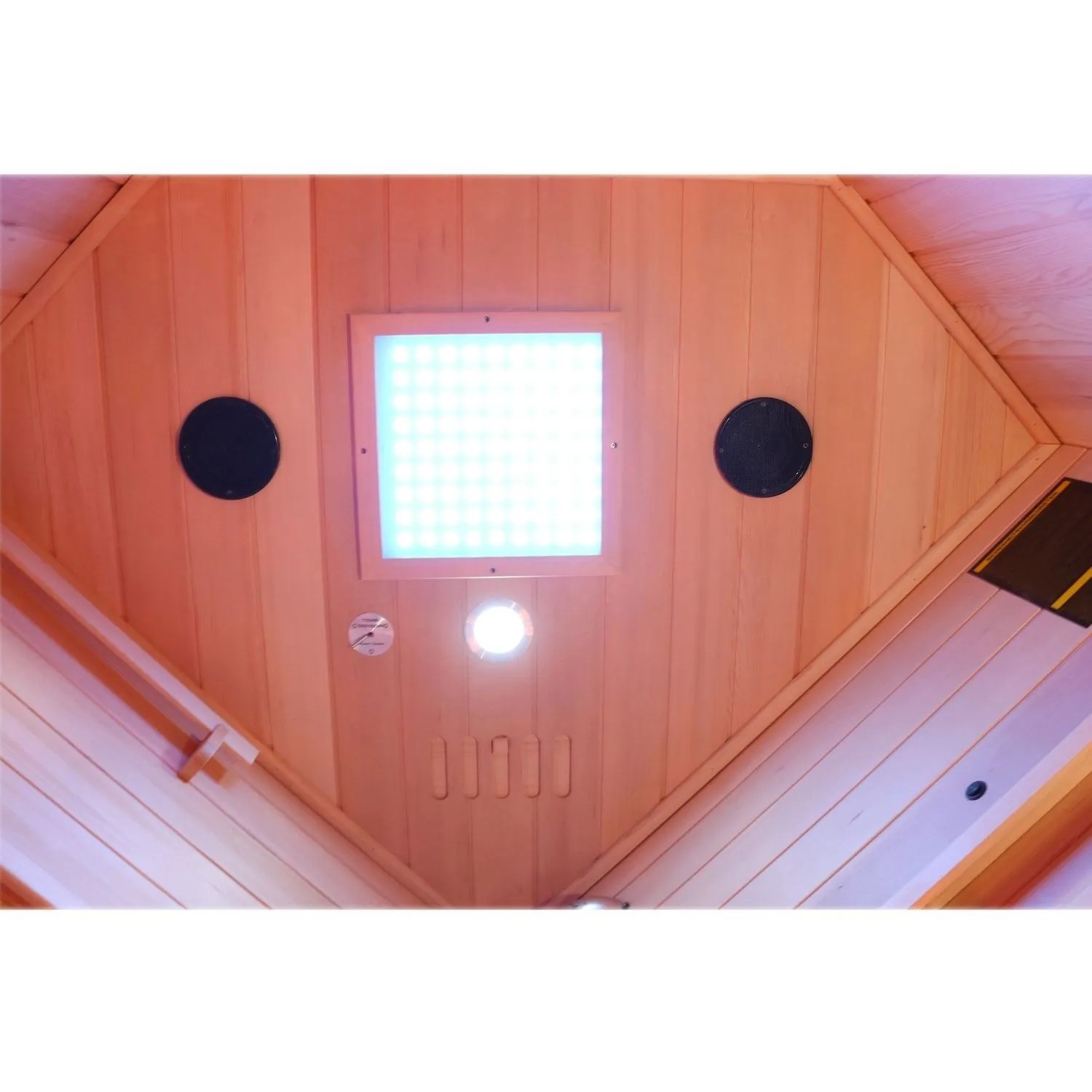 Innenansicht Dewello Infrarotkabine Lakefield: LED-Farblicht, Lautsprecher, Hemlock Holz.