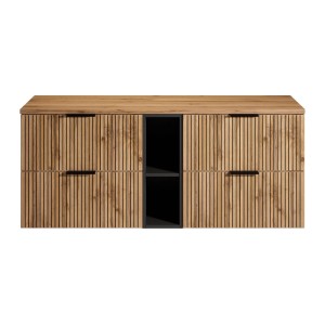 Hängender Waschbeckenunterschrank Madela 140 cm in Schwarz und heller Holzoptik mit Streifen und offenen Ablagen.