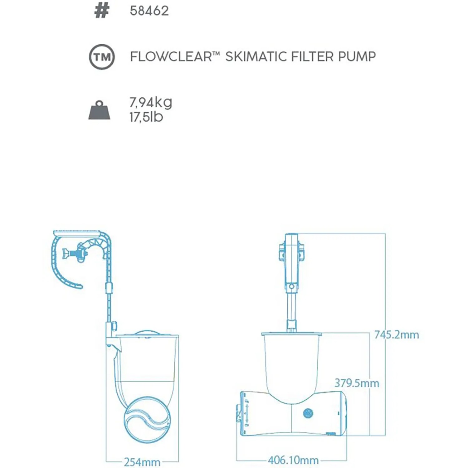 Technische Zeichnung des Flowclear Skimatic 2-in-1 Poolskimmers mit Filter und Maßangaben.