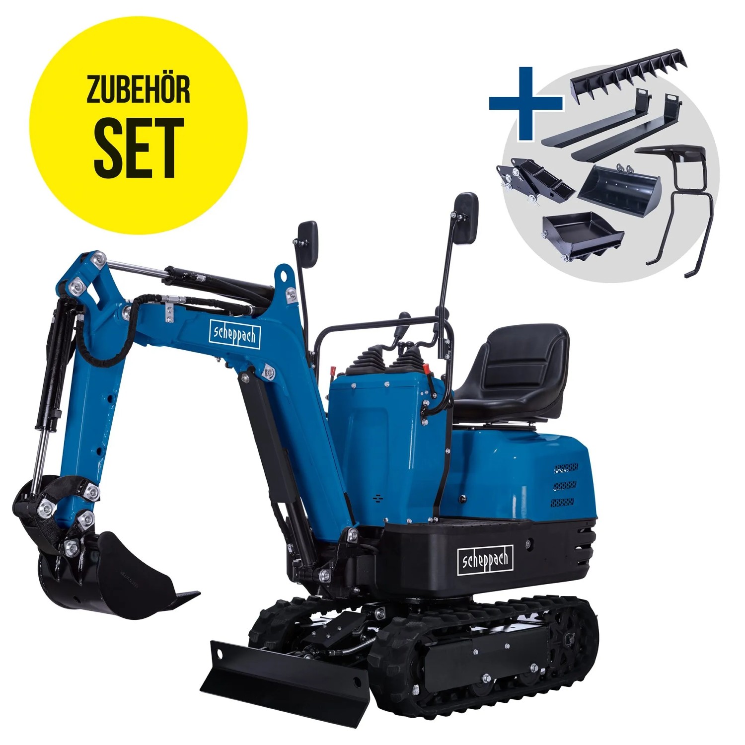 Scheppach Benzin-Mini-Bagger EXC815 mit Zubehör: Bagger, Löffel, Rechen, Dach und Palettengabel.