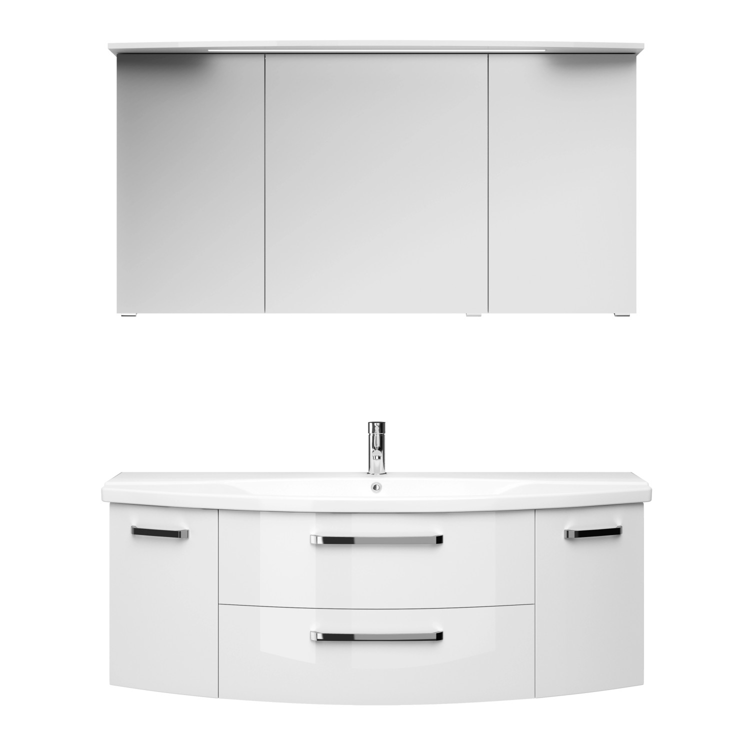 Pelipal Badmöbel-Set Serie 4010, 144 cm, Weiß Hochglanz: Waschbecken, Unterschrank, Spiegelschrank.