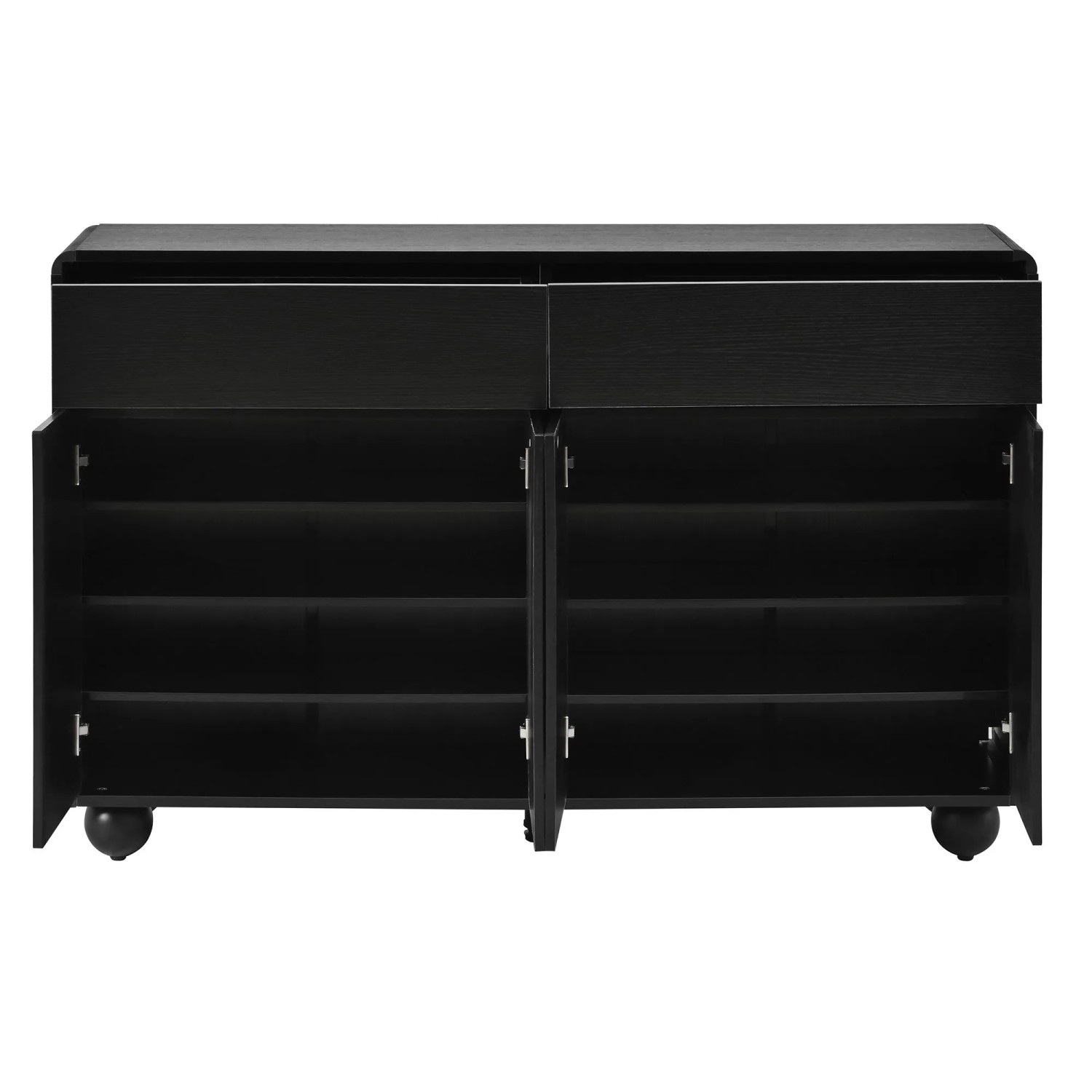 Schwarzes Merax Sideboard mit geschwungenen Türen, 2 Schubladen, 4 Türen mit verstellbaren Regalen und Metallfüßen.