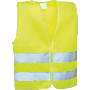 Gelbe Warnweste für Kinder mit zwei reflektierenden Streifen für gute Sichtbarkeit.