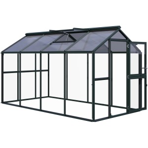 KGT Gewächshaus Galant IV, tannengrün, 8,8 m² mit geöffneter Tür und Dachfenster.