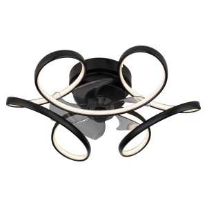 Schwarzer LED-Deckenventilator Loris, Ø 56 cm, mit geschwungenen Leuchten und transparenten Rotorblättern.