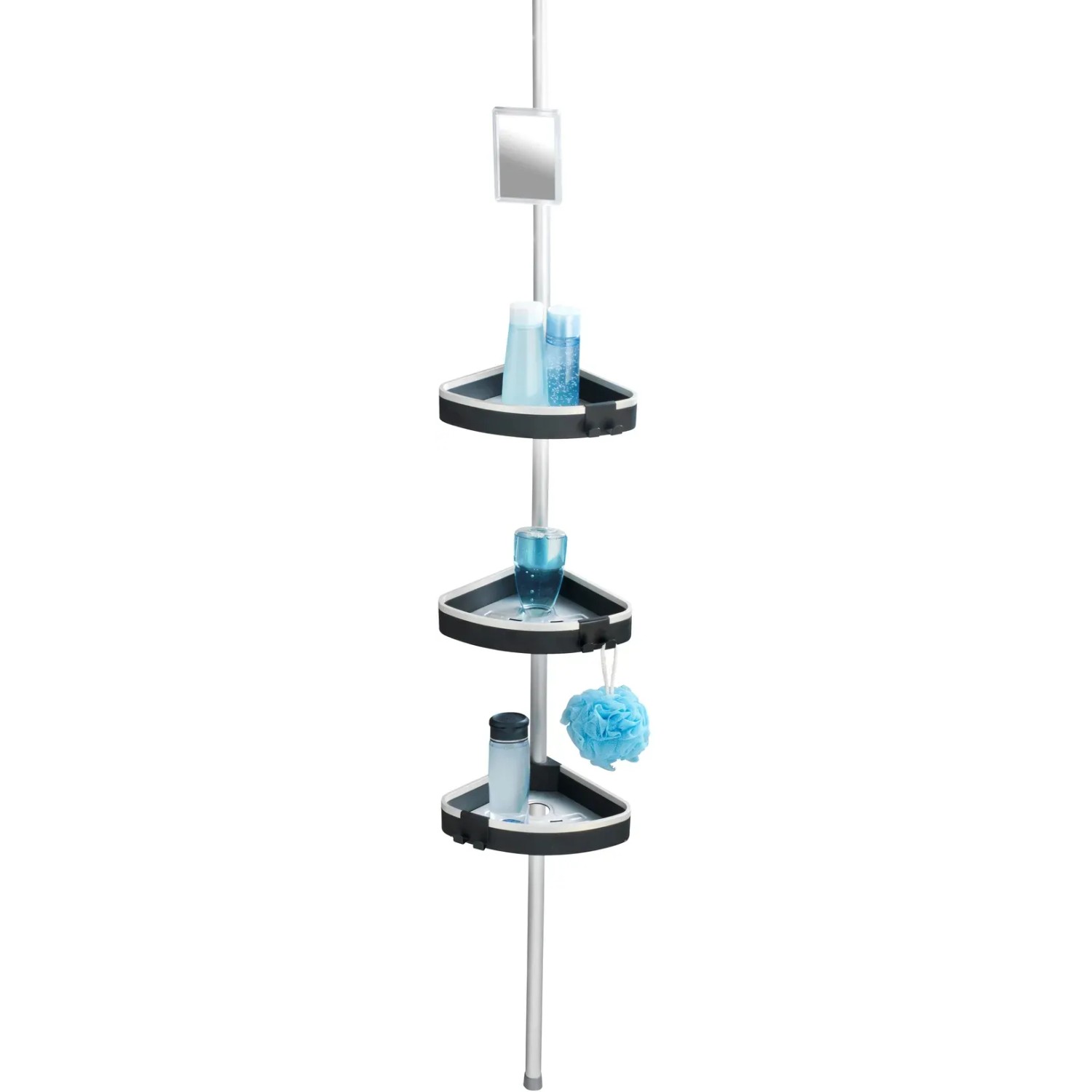 Wenko Teleskop Duschregal Wave aus Aluminium mit drei Ablagen und Spiegel.