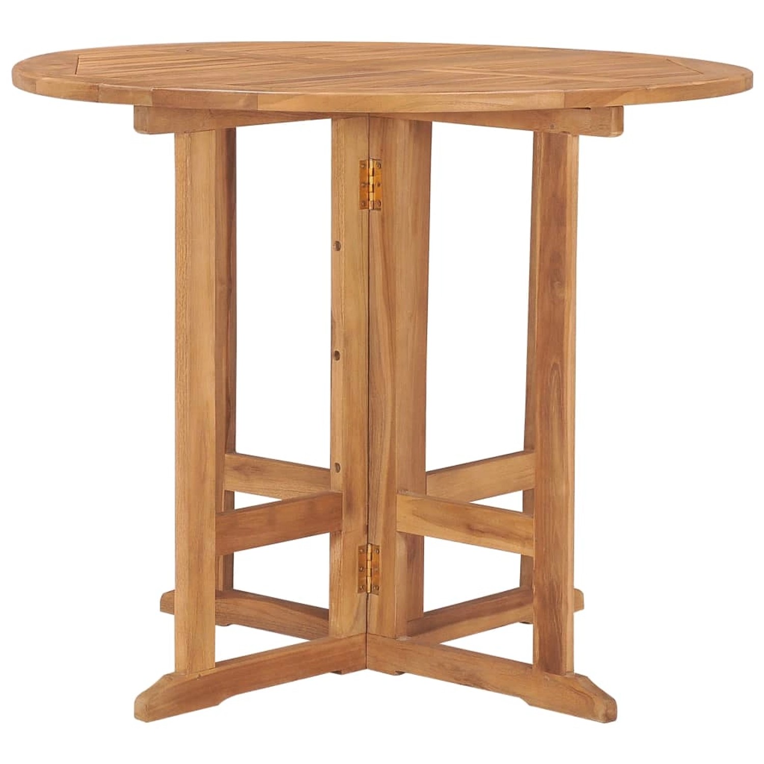 Klappbarer, runder vidaXL Garten-Esstisch aus Teak Massivholz, zusammengeklappt.