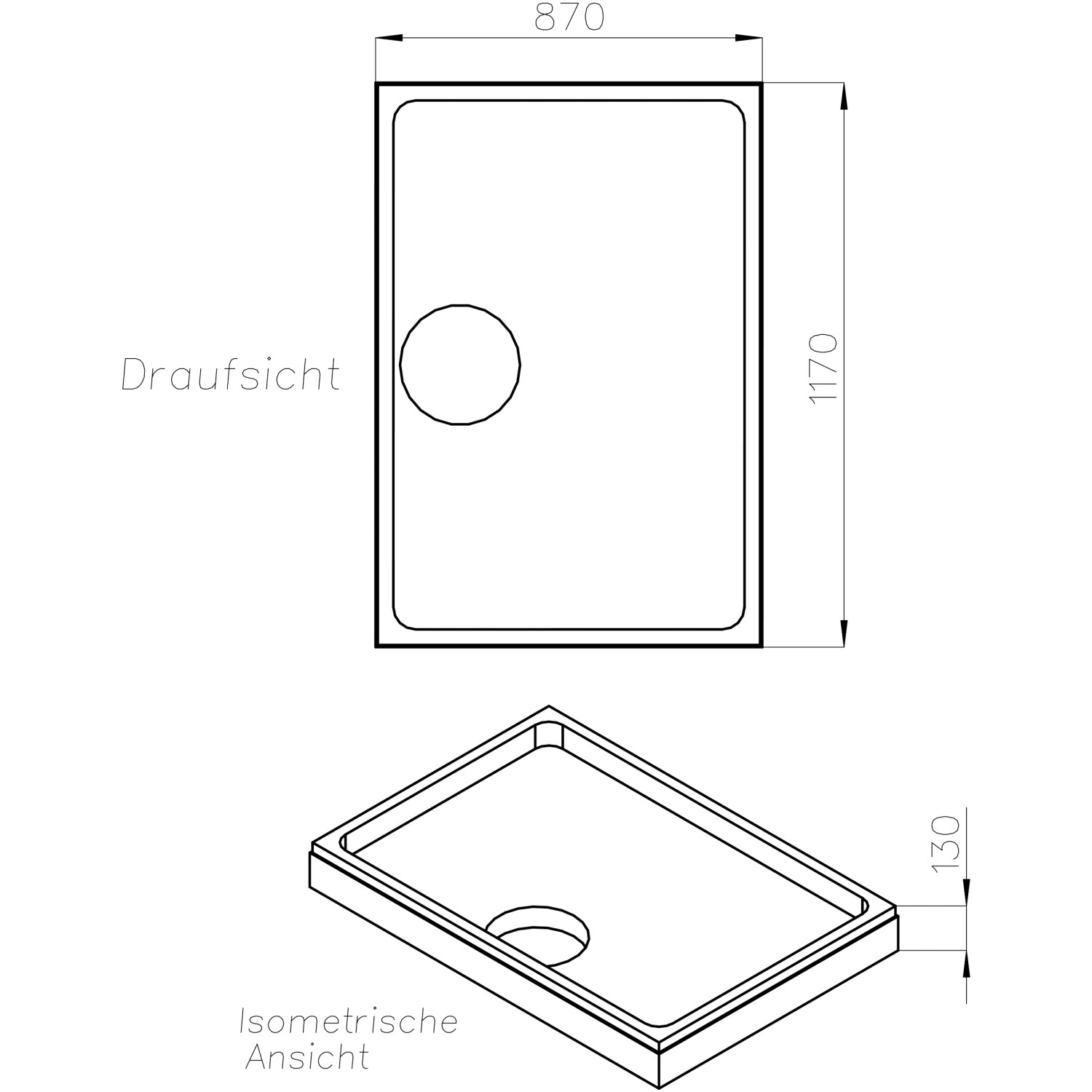 Technische Zeichnung Ottofond Wannenträger Maui-R 120x90 cm für Duschwanne mit Maßen.