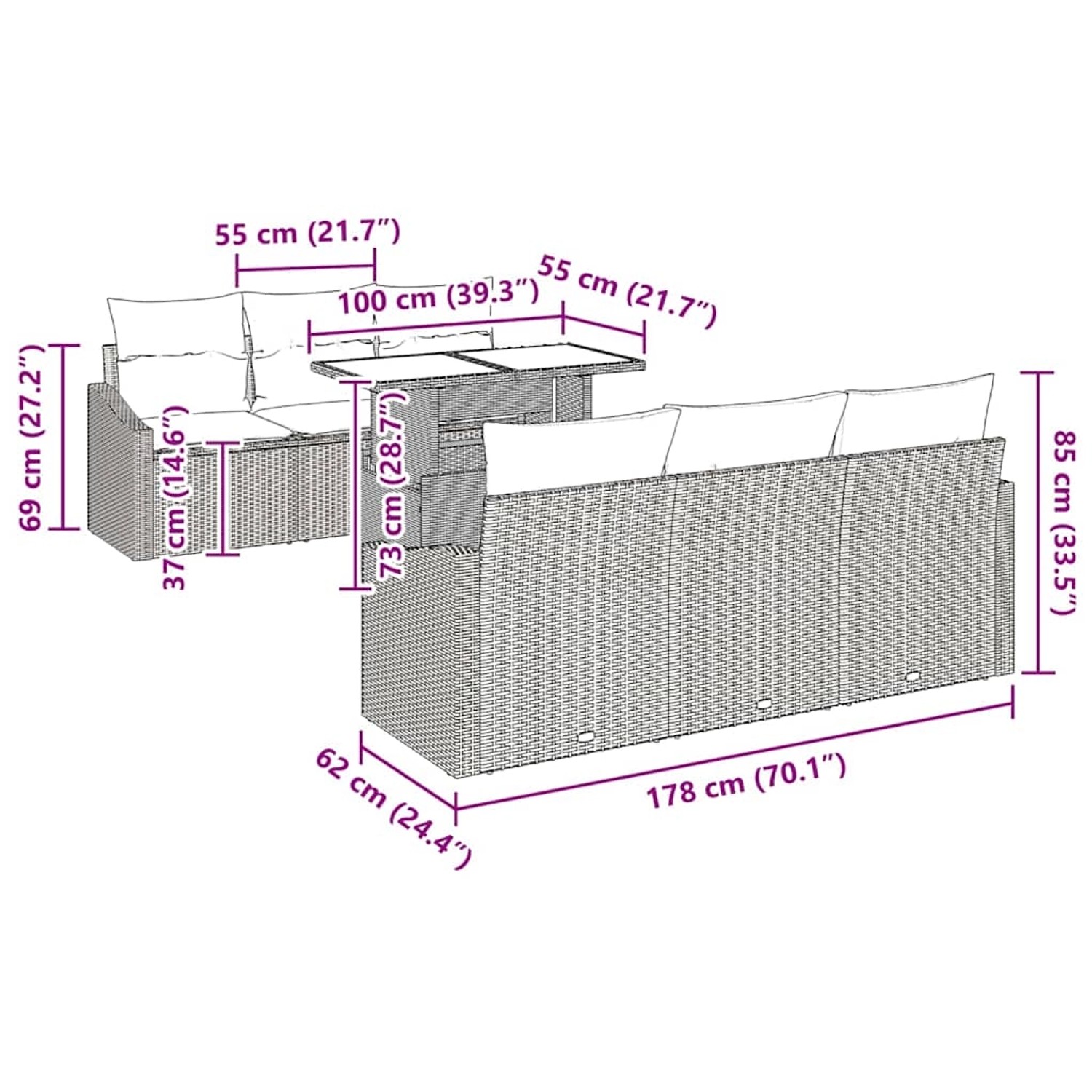 vidaXL 7-teiliges Garten-Sofa-Set aus grauem Poly Rattan mit Maßen.