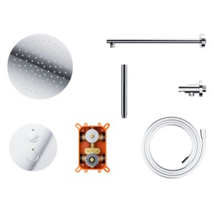 KOLMAN Duschsystem mit thermostatischem Unterputz-Wasserhahn, Kopfbrause, Handbrause und Schlauch in Chrom.