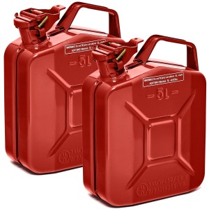 Zwei rote 5L BW Metall Kraftstoffkanister für Benzin, Diesel & E10. Pannenhilfe für Auto & Motorrad.
