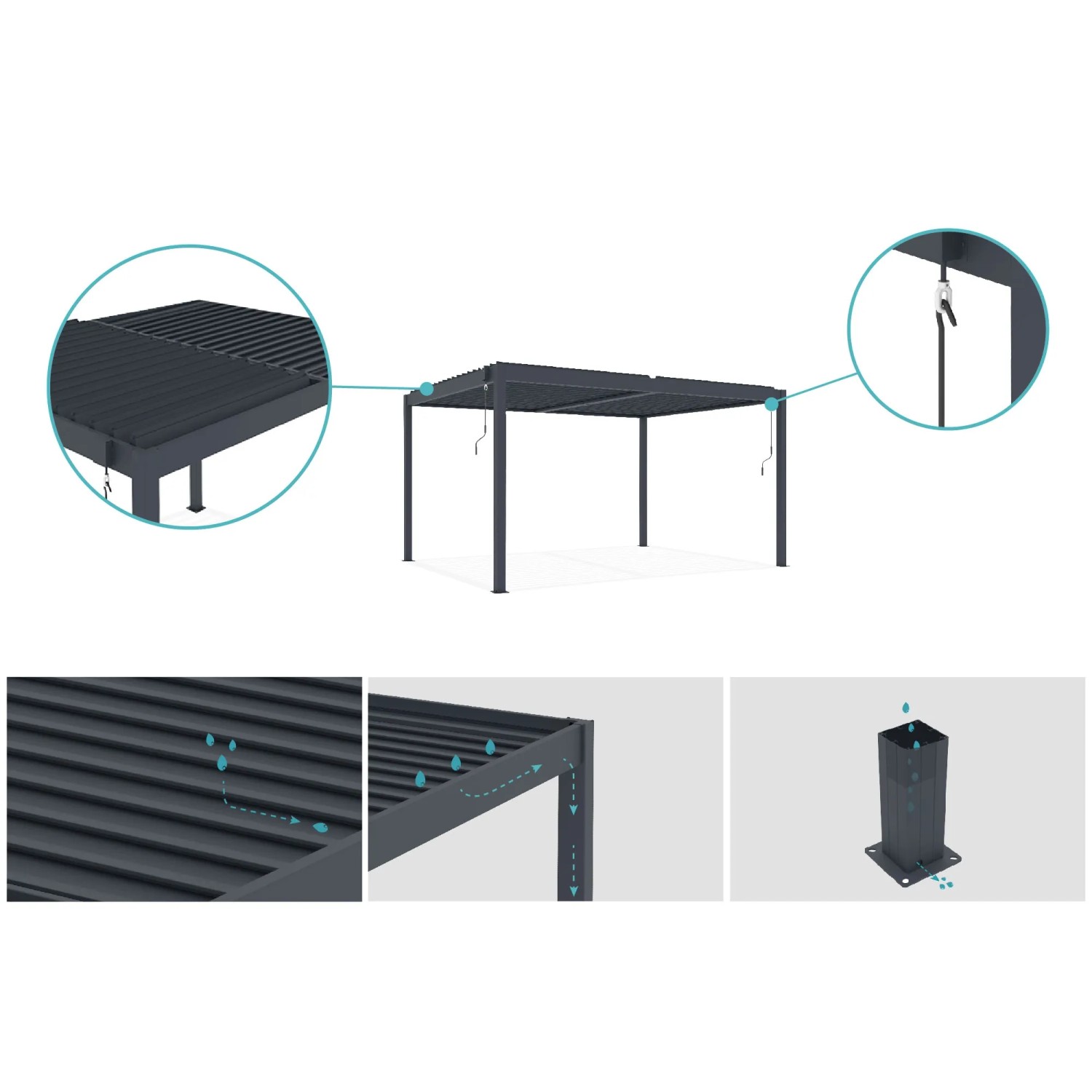 Freistehende, graue Cazeboo Piana Bioklimatische Pergola 4x3m aus Aluminium mit Stahl-Lamellen.