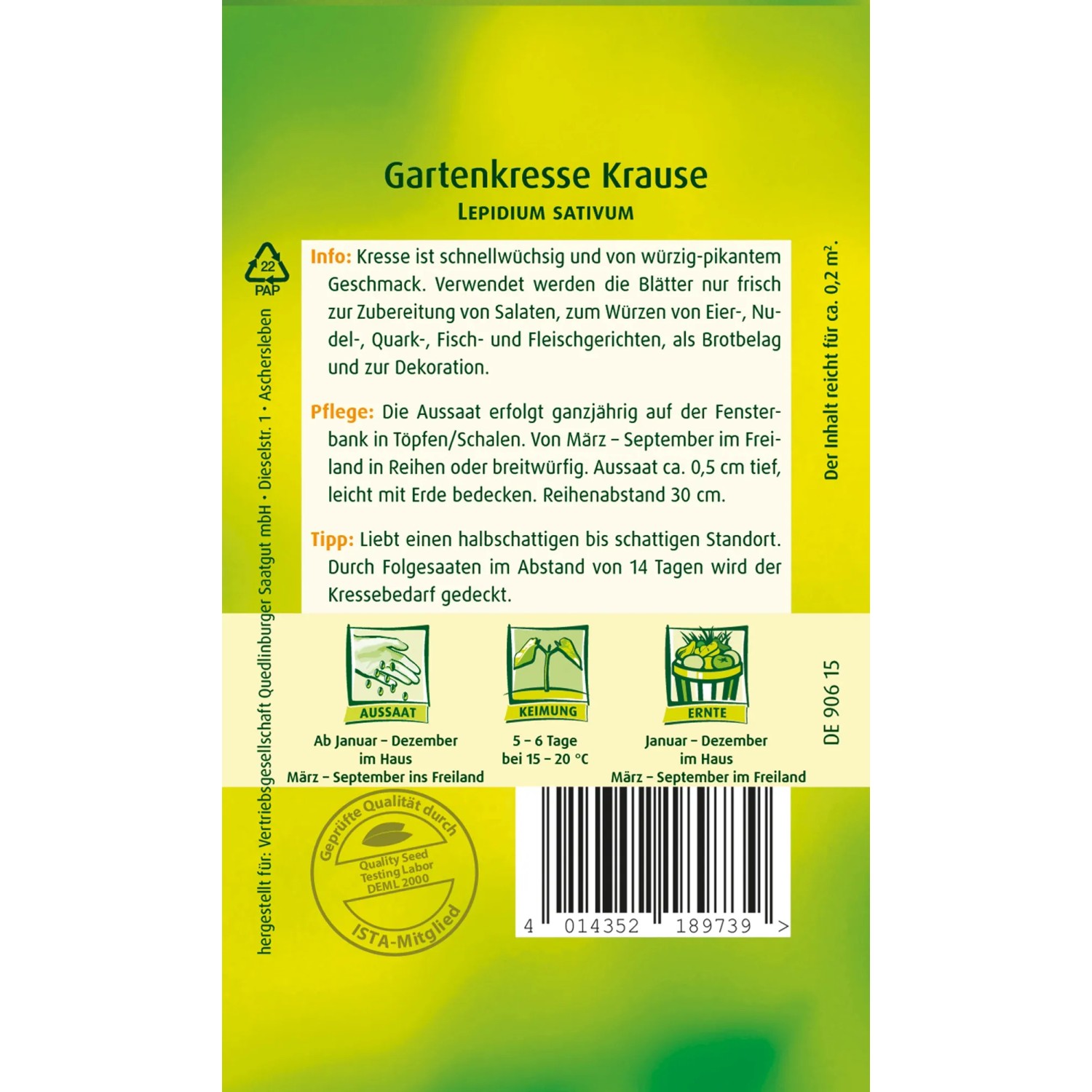 Samentüte Quedlinburger Gartenkresse 'Krause', würzig und aromatisch.