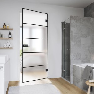 Novadoors Glasdrehtür Nova 682 Black, 83,4x197,2 cm, DIN Rechts, mit schwarzem Rahmen und satiniertem Glas.