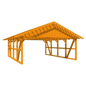 Skan Holz Carport Schwarzwald, Eiche, mit Dachlattung, 684x772 cm. Fachwerk-Bauweise mit Satteldach.