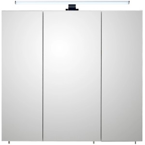 Pelipal Spiegelschrank Quickset 360, weiß glänzend, 75 cm breit, mit drei Türen und Aufsatzleuchte.