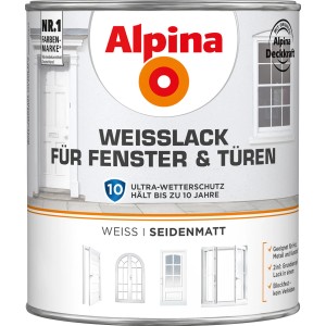 Alpina Weißlack für Fenster & Türen, seidenmatt, 2 Liter Dose. Wetterfester Lack mit hoher Deckkraft.