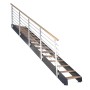Treppe Kos mit 10 Stufen aus Eiche rustikal, schwarzem Design-Geländer und Metallwangen.