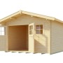 Unbehandeltes Weka Holz-Gartenhaus Sienna mit Satteldach, 340x370 cm, mit geöffneten Doppeltüren und Fenster.